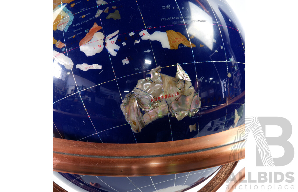 Large World Globe with Inlaid Precious and Semi Precious Stones