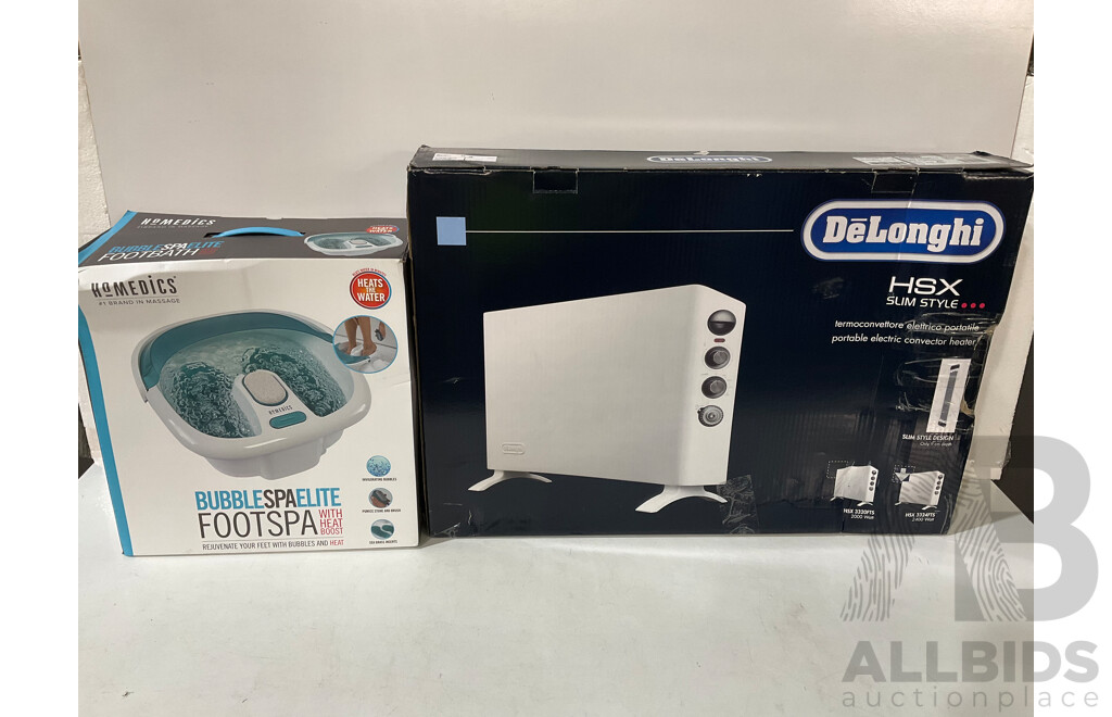De'Longhi (HSX3324FTS) 2400W Convector Heater With Timer,  HOMEDICS (FB-450H-AU) Bubble Spa Elite Footspa - LOT of 2 - $199.98