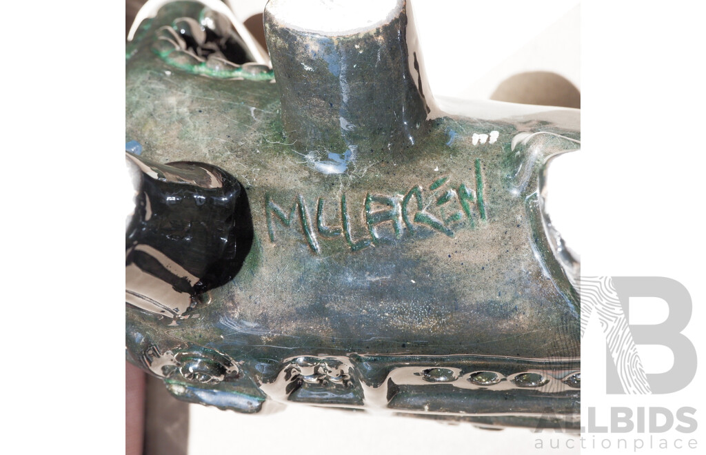 Gus and Betty McLaren Glazed Slip-Cast Earthenware Bull, Incised Signature McLAREN, Length 30cm