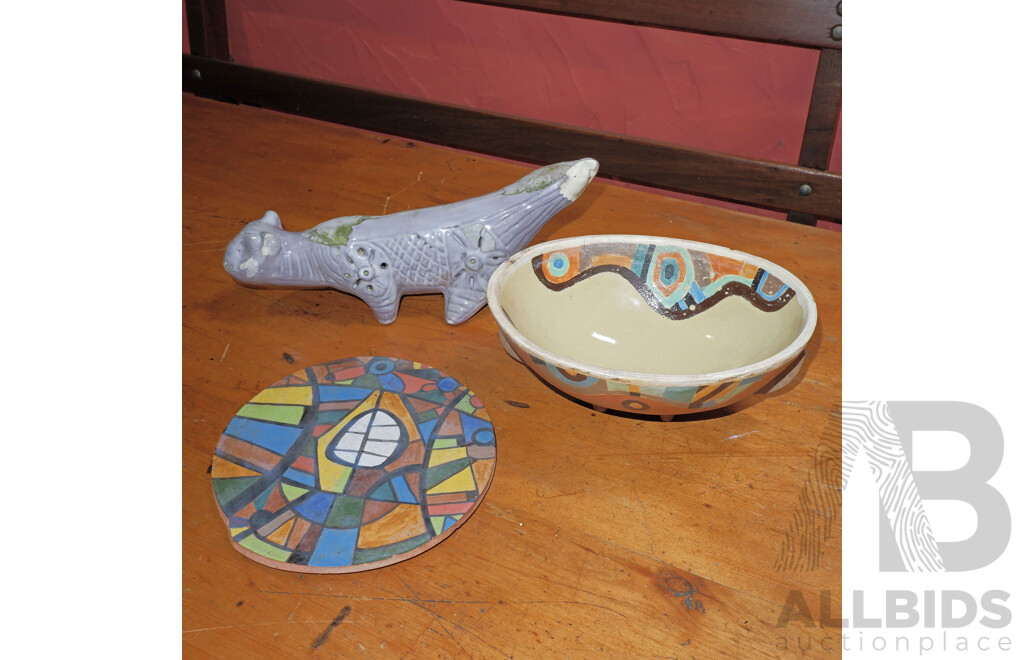 Gus McLaren (1923-2008) Glazed Terracotta Trivet and Bowl with Wing Handles, Plus Gus and Betty McLaren Figures of a Cat and a Horse (Each with Various Faults), Signatures as Shown, Length Cat 31cm