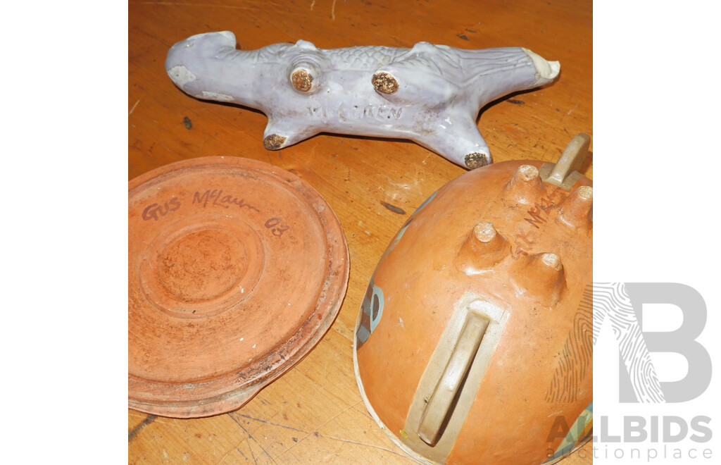 Gus McLaren (1923-2008) Glazed Terracotta Trivet and Bowl with Wing Handles, Plus Gus and Betty McLaren Figures of a Cat and a Horse (Each with Various Faults), Signatures as Shown, Length Cat 31cm