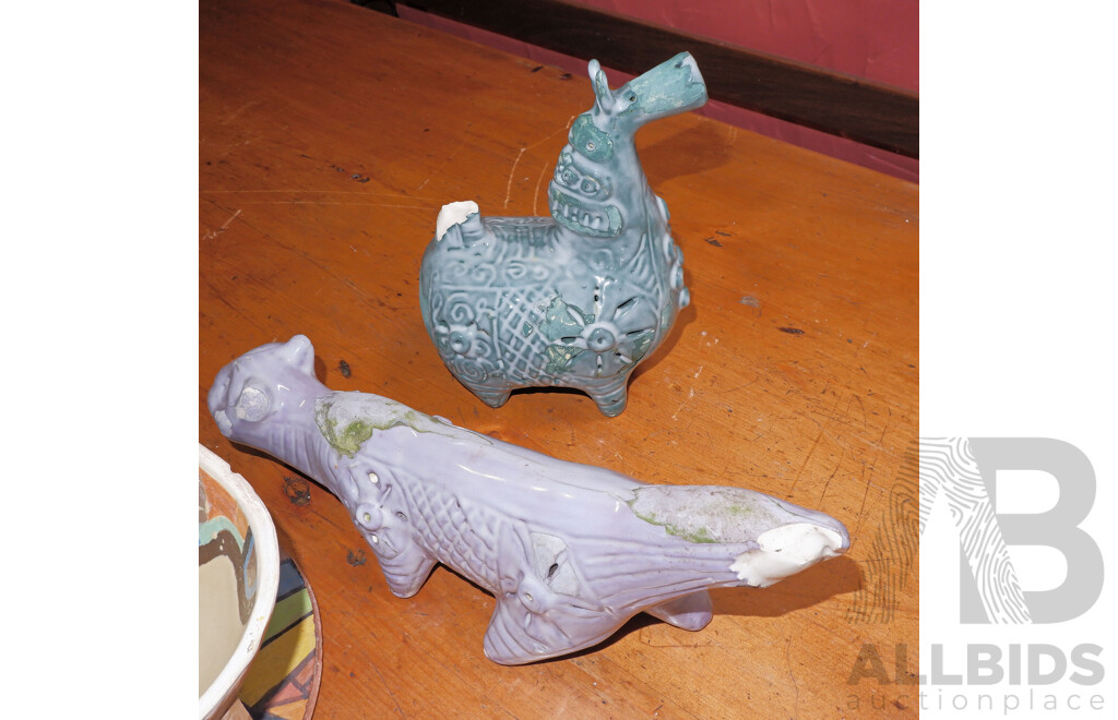 Gus McLaren (1923-2008) Glazed Terracotta Trivet and Bowl with Wing Handles, Plus Gus and Betty McLaren Figures of a Cat and a Horse (Each with Various Faults), Signatures as Shown, Length Cat 31cm