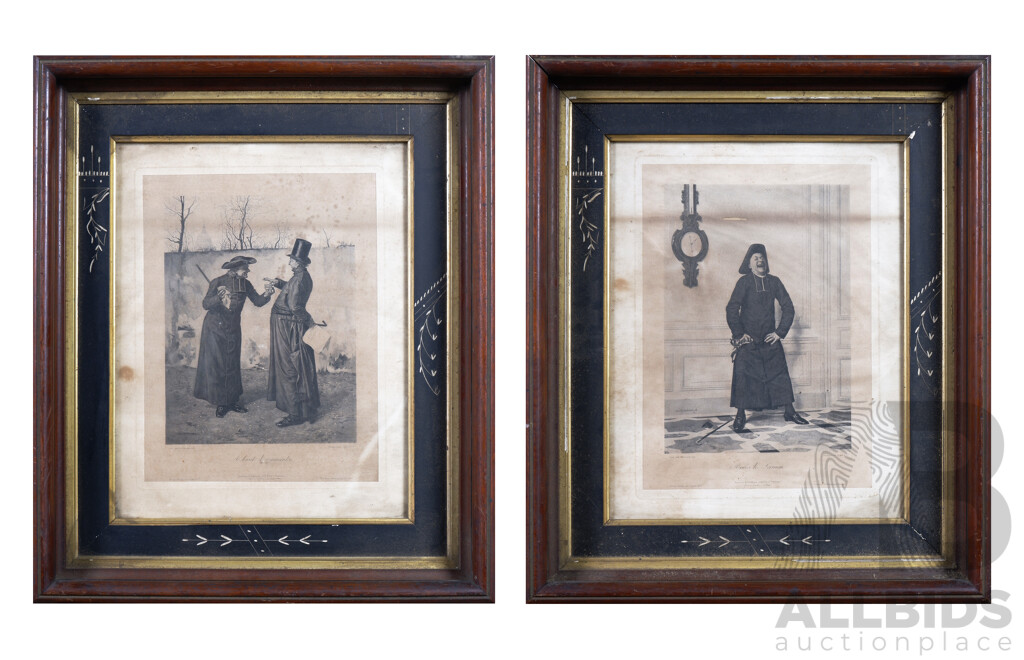 After Leo Herrmann (1853 ? 1927, French) , Pair of Framed Antique Steel Engravings in Hand-Carved Painted Timber Frames, each 49 x 41 cm overall