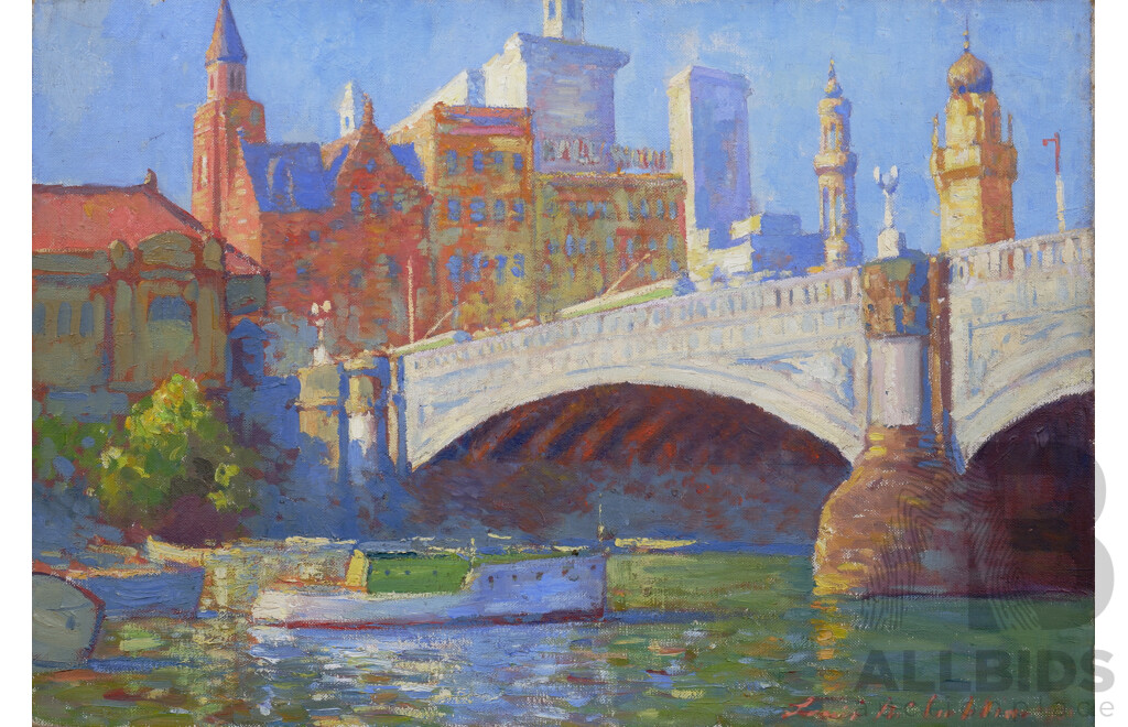 Louis McCubbin (1890-1952), Princes Bridge Towards Flinders Street, Melbourne 1931, Oil on Canvas, 51 x 76 cm