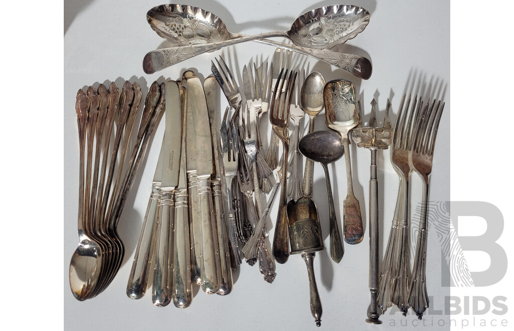 Collection of Antique and Vintage Flatware, Including Elkington & Co Knives, Pair of Berry Spoons, Sugar Scuttle and More