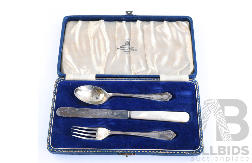 Mid 20th Century Boxed Sterling Silver and Shell Handled Christening Set, Sheffield, 1944