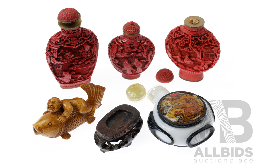 Collection of Antique and Vintage Chinese Snuff Bottles, Including Cinnabar, Glass and More