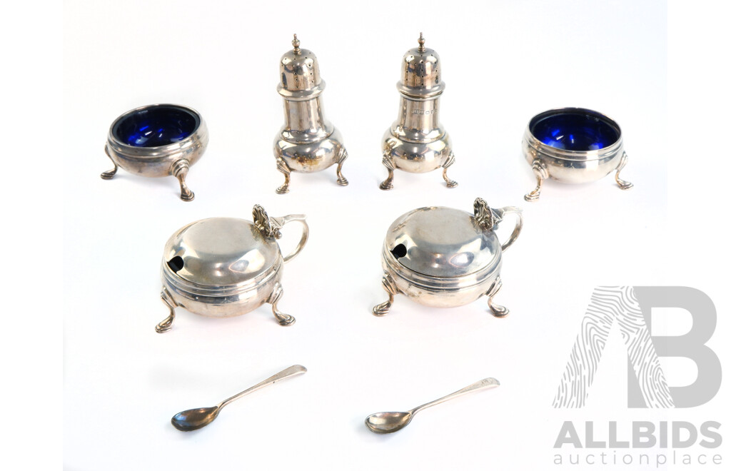 Good Boxed Sterling Silver Cruet Set with Cobalt Blue Glass Liners, Birmingham, Hardy Brothers, 1943