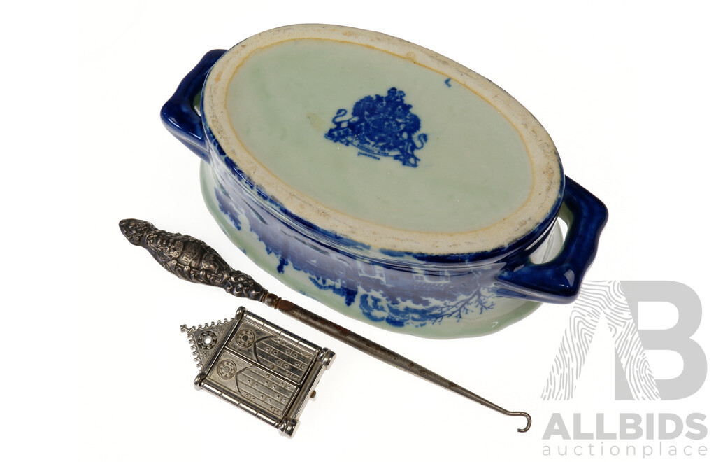 Collection Items Comprising Antique Victorian Blue and White Dish, Antique Button Hook and Steel Icon Cupboard