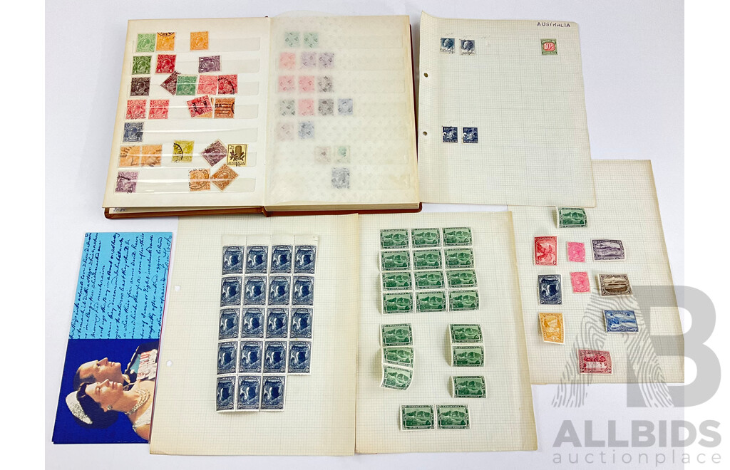 Collection of Australian Stamps Including Two Antique Tasmanian Blocks