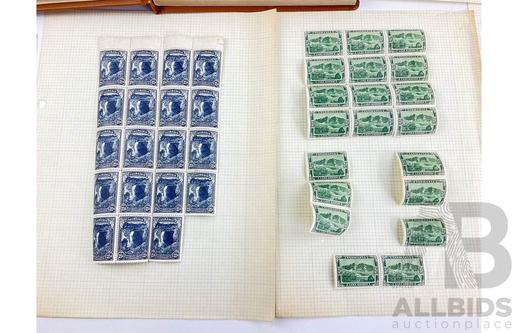 Collection of Australian Stamps Including Two Antique Tasmanian Blocks