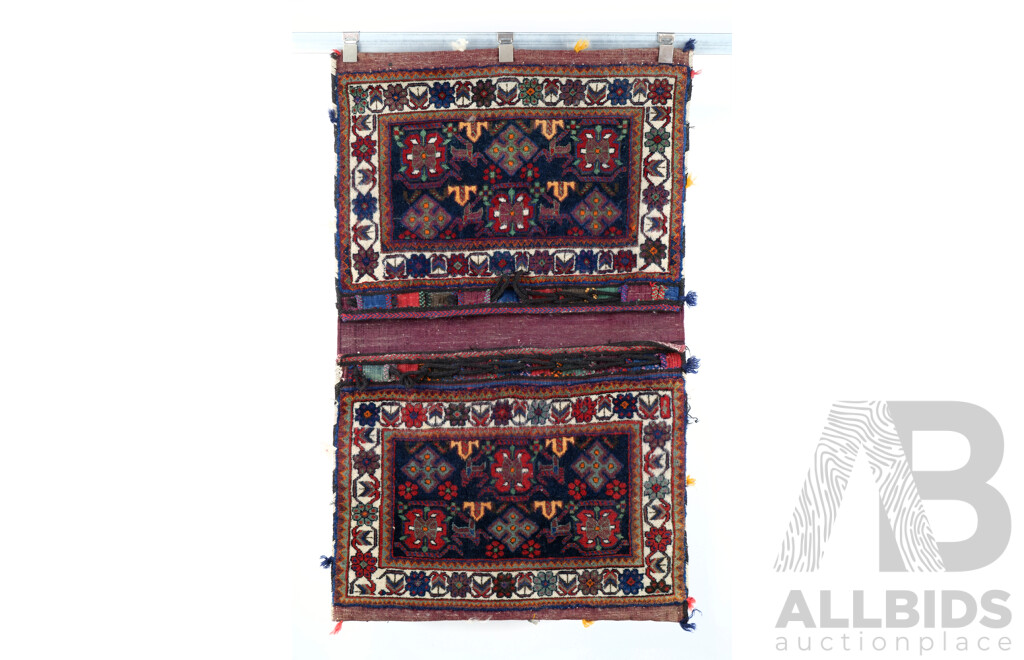 Vintage Hand Knotted Persian Jaff Kurd Wool Saddle Bags with Traditional Design