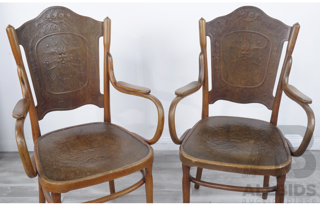 Fantastic Pair Antique Art Nouveau Josef and Jacob Kohn Bentwood Carvers with Press Moulded Backs and Seats with Green Man Motif, Circa 1890