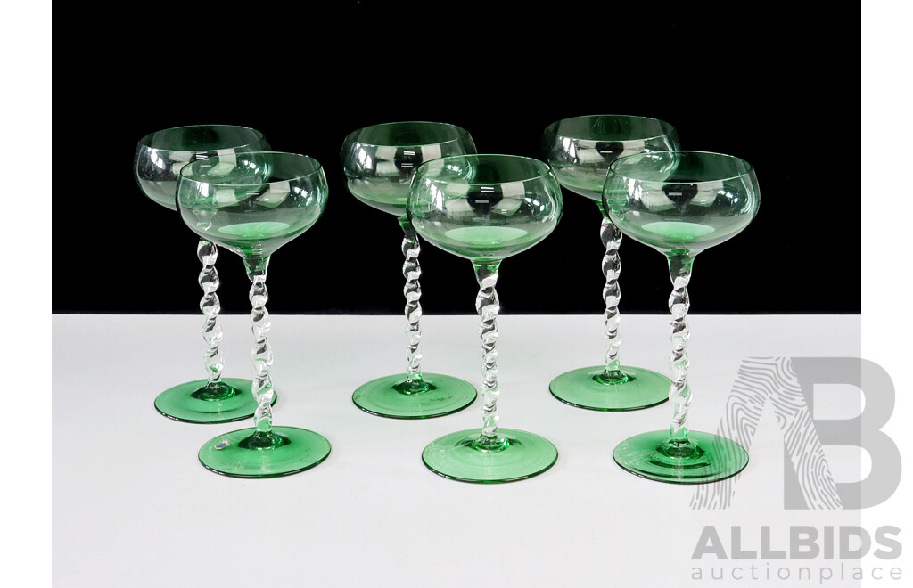 Set Six Vintage Bohemian Green Glass Wine Glasses with Twist Stems