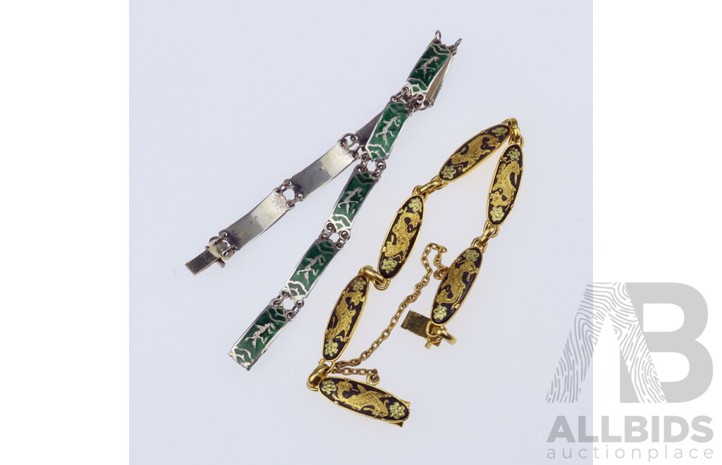 Siam Sterling Green Enamel Bracelet & Gold Plated Black Enamel Bracelet