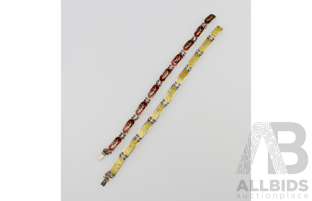 Siam Sterling Silver Bracelets (2) with Enamel and Hindu Dancer Designs, 12.34 Grams