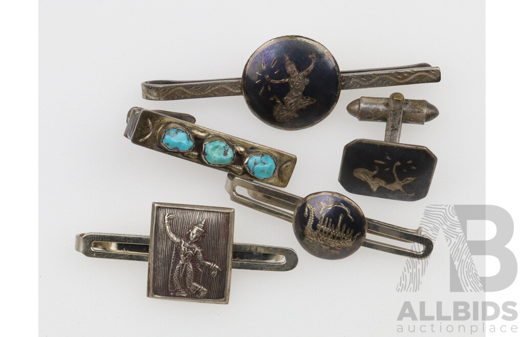 Collection of (4) Vintage Siam Sterling Tie Pins & Single Cuff Link
