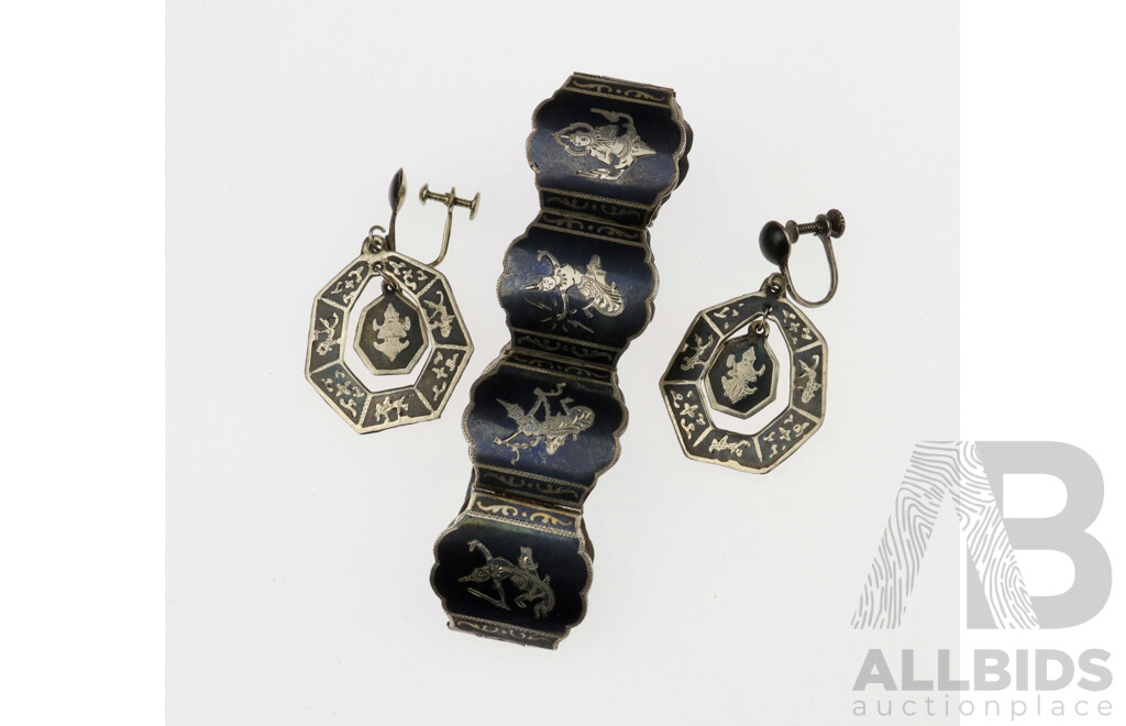 Siam Sterling Vintage Bracelet & Earrings Set with Black Enamel & Hindu Dancer Designs