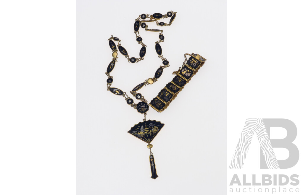 Vintage Siam Enamel Fan Necklace and Matching Bracelet - No Hallmarks