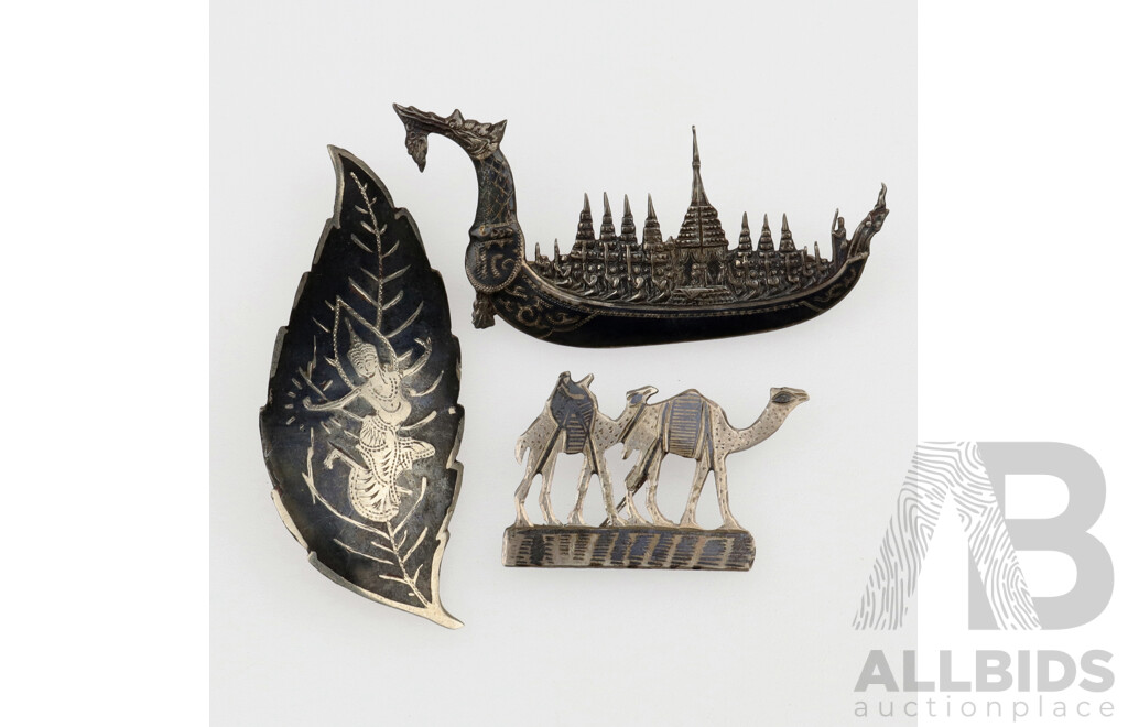 Siam Sterling (3) Vintage Brooches Including Dragon Boat Design