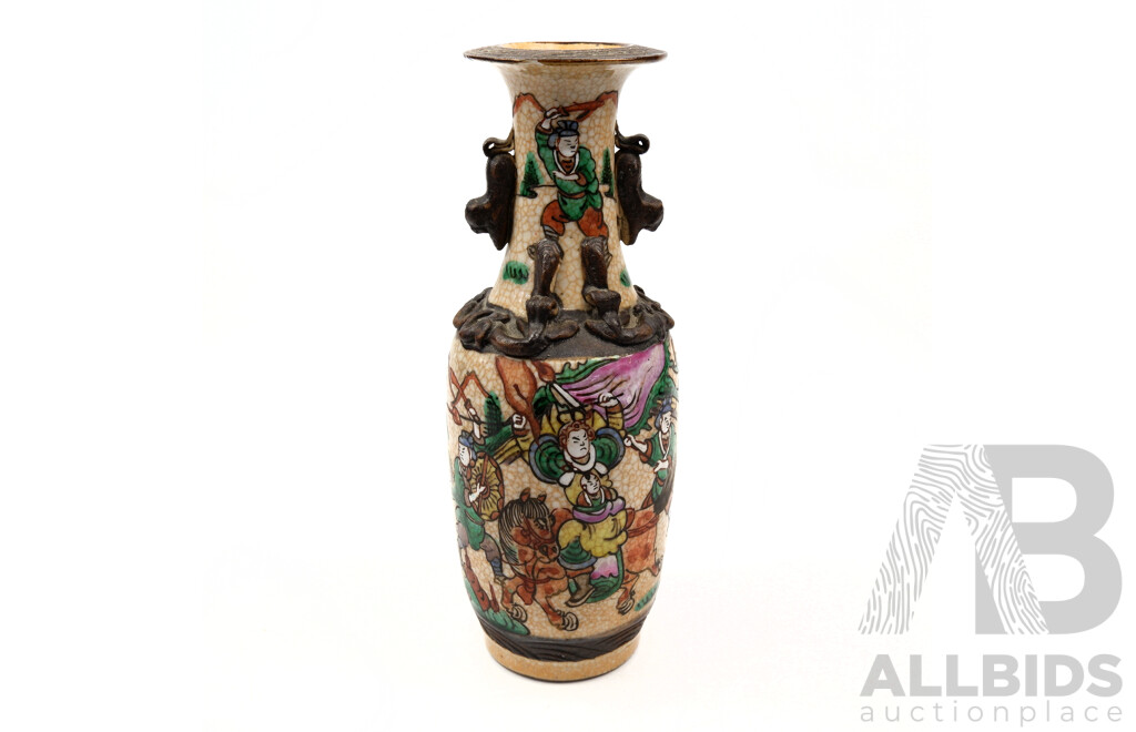 Vintage Chinese Crackle Glazed  Porcelain Vase with Martial Scenes