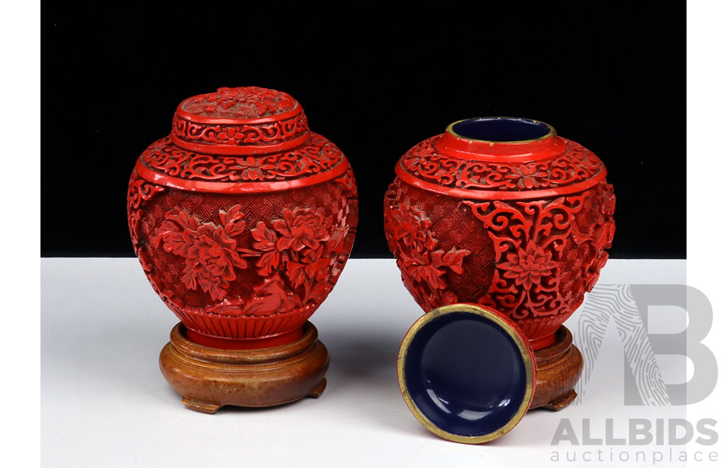 Pair Vintage Chinese Cinnabar Style Lidded Jars on Wooden Stands