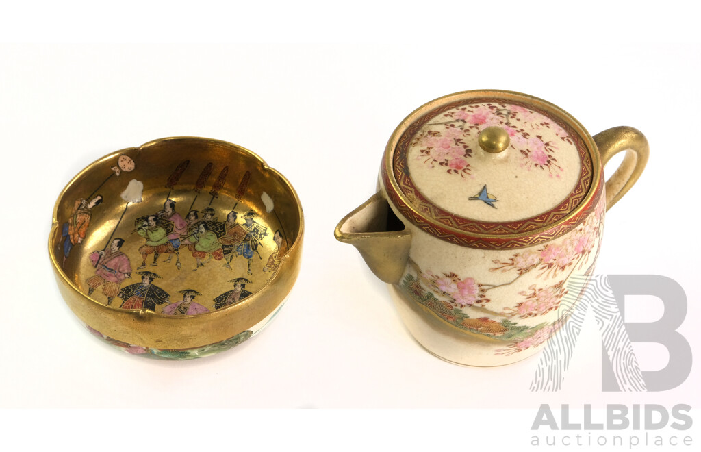 Vintage Japanese Satsuma Lidded Teapot Alonf with Satsuma Lobbed Bowl with Processional Scene, Marks to Base