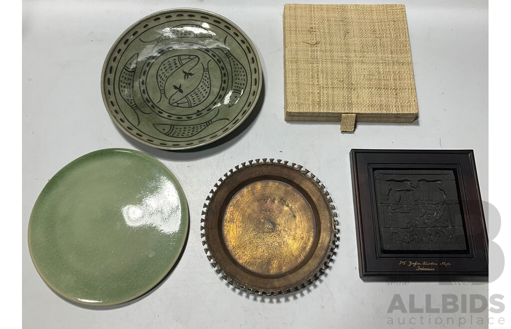 Collection Asian Pieces Including Two Hand Made Celadon Examples, Indonesian Bas Relife Reproduction Panel in Box, Middle Eastern Brass Plate and More
