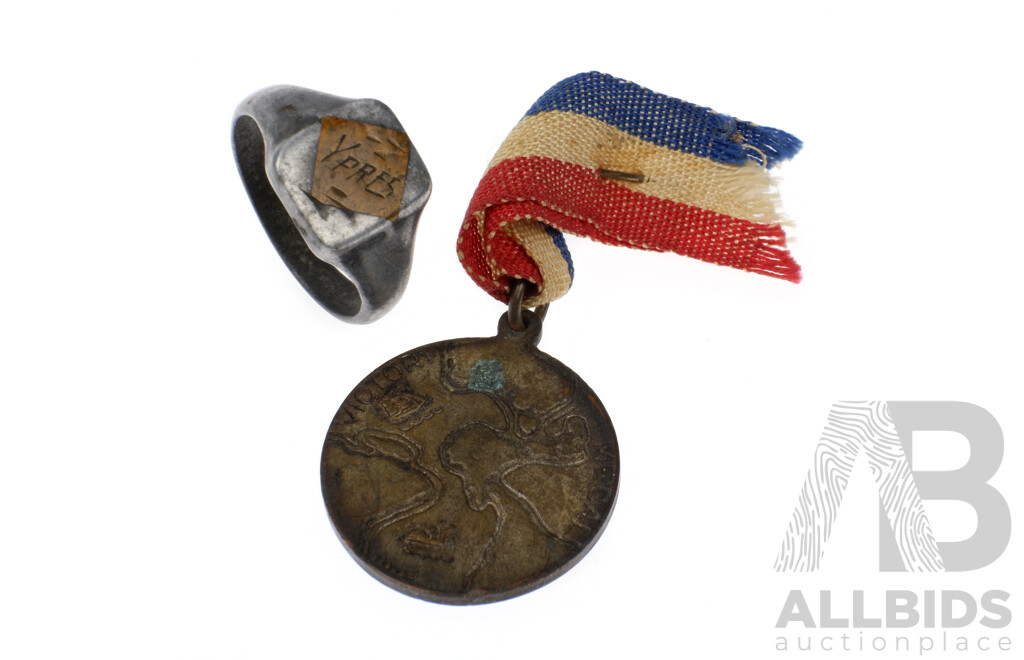 1945 Victory Medal and Metal Gents Ring Engraved Ypres