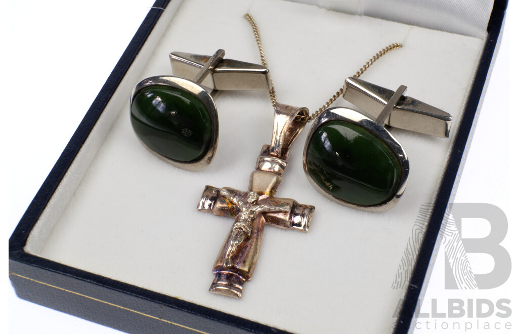 Sterling Silver Crucifix and Chain, 4.7g with Pair of Sterling Silver and Greenstone Cufflinks, 9g