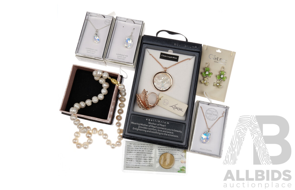 Two Lovisa Swarovski Crystal Pendants, Strand of Fresh Water Pearls, Mother of Pearl Pendant and More 