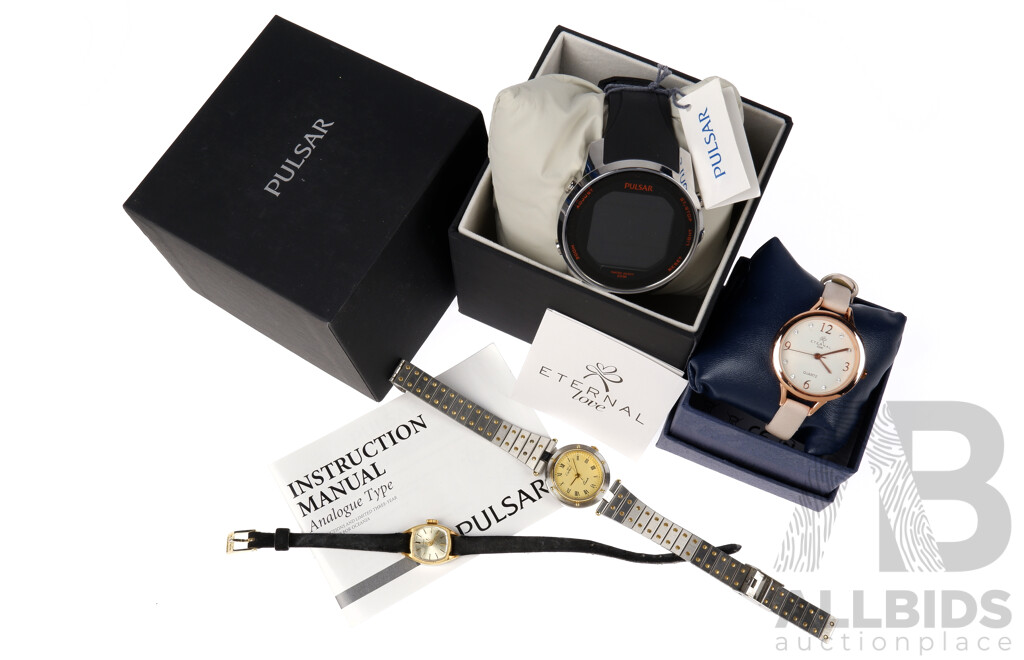 Pulsar Water Resistant 10 Bar W861-X006 Watch, Cartier Quartz Watch, Eternal Love Quartz Watch and Vintage Ladies Seiko