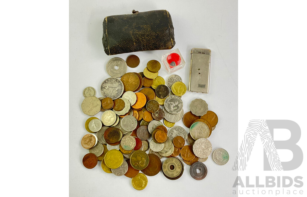 Collection of International Coins Including New Zealand, France, Papua New Guinea, United Kingdom, 1953 Canadian Dollar, Vintage Lighter and More