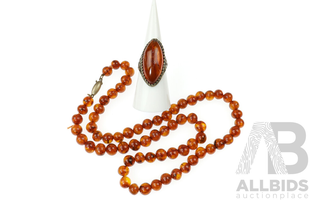 Vingage Baltic Amber Ring, Size N and Amber Beaded Necklace, 50cm, Hallmarked 925