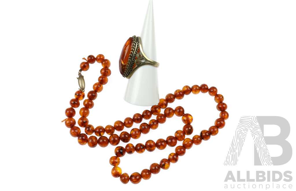 Vingage Baltic Amber Ring, Size N and Amber Beaded Necklace, 50cm, Hallmarked 925