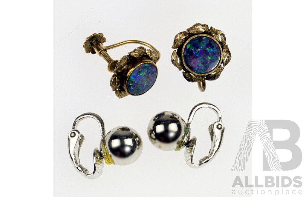 9ct Opal Doublet Scew Back Clip on Earrings, 2.37 Grams & Sterling Silver Ball Clip on Earrings, 2.39 Grams