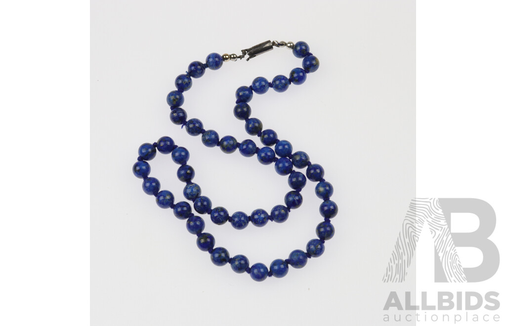Lapis Beaded Necklace, 8mm with Silver Clasp, 50cm