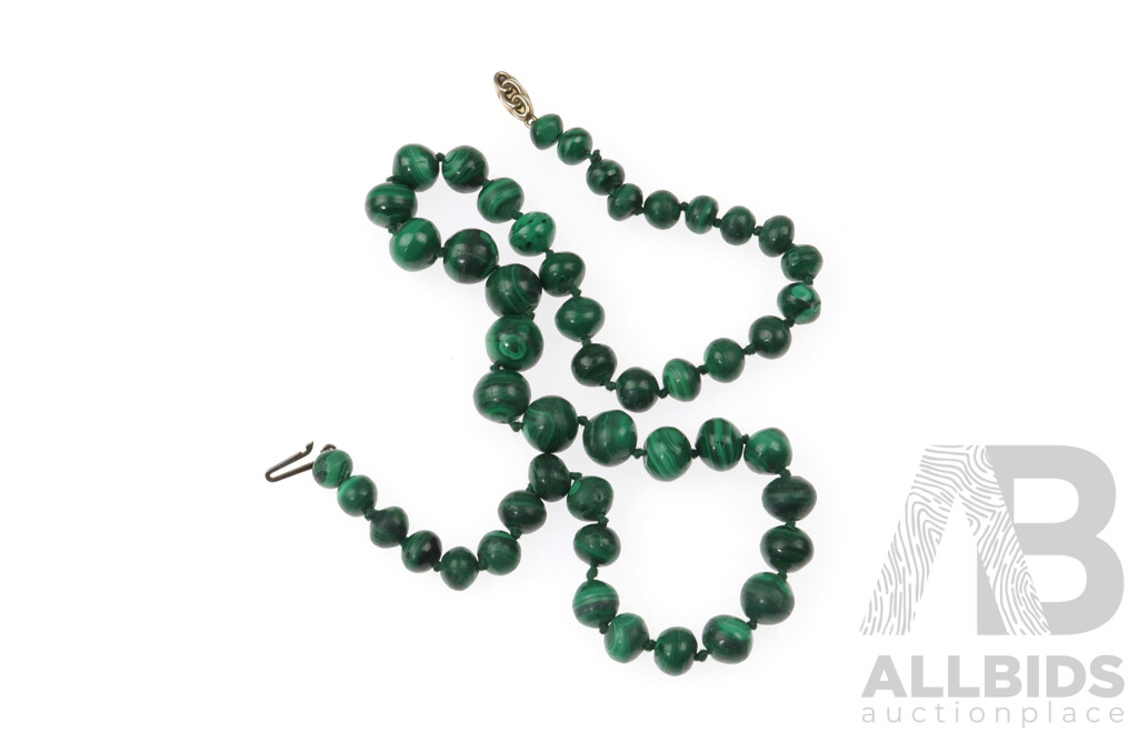 Malachite Beaded Necklace, Graduating 7.4mm - 10.4mm, 45cm, 925 Clasp, 58.79 Grams