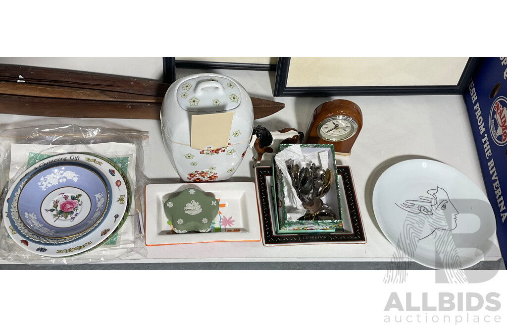 Collection Quality Items Including Doulton Lidded Canister and Plate, Collectors Plates, Souvineer Teaspoons, Beswick Horse, Wedgwood Jasperware and More