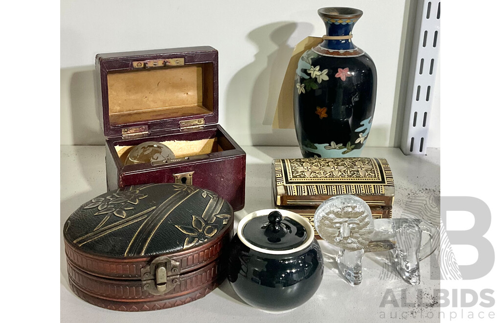 Collection Quality Items Including Retro Crystal Lion, Antique Button Collection, Sadeli Work Box, Japanese Cloisonne Vase and More