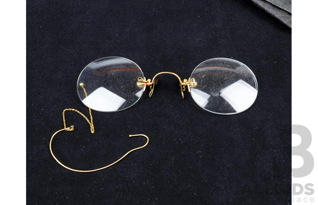 Antique Set Pince Nez Glasses by J R Sheppard, Manley with 9K Gold Fittings in Case