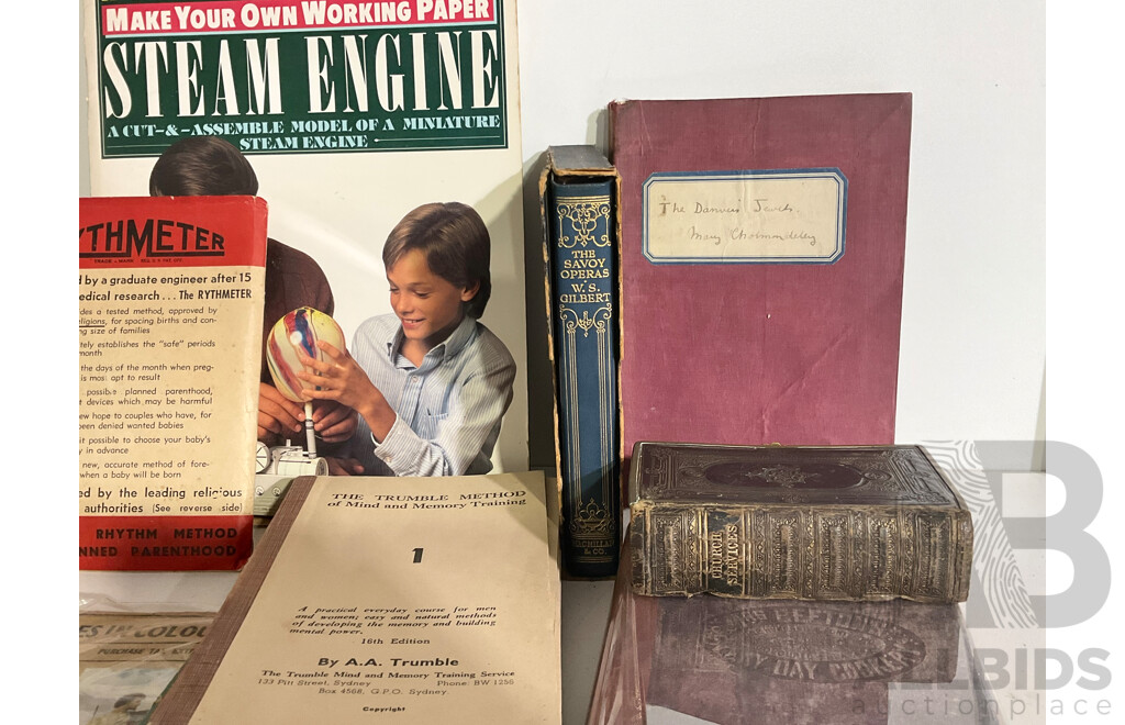 Collection Antique and Vintage Books Including 1870s Bible with Brass Latch, the Rythmeter Method for Planned Parenthood, the Trumble Method of Mind Memory and More