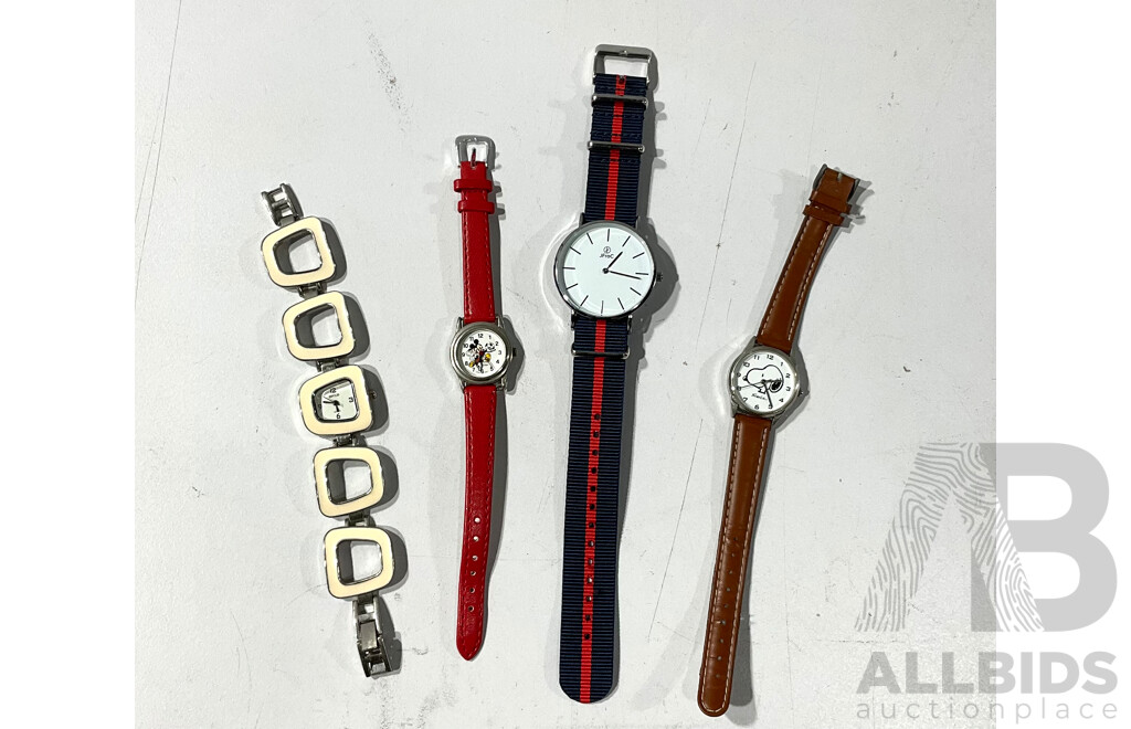 Four Womens's Watches Including Enamal Impulse IM844, JFroC, Snoopy and Mickey Mouse