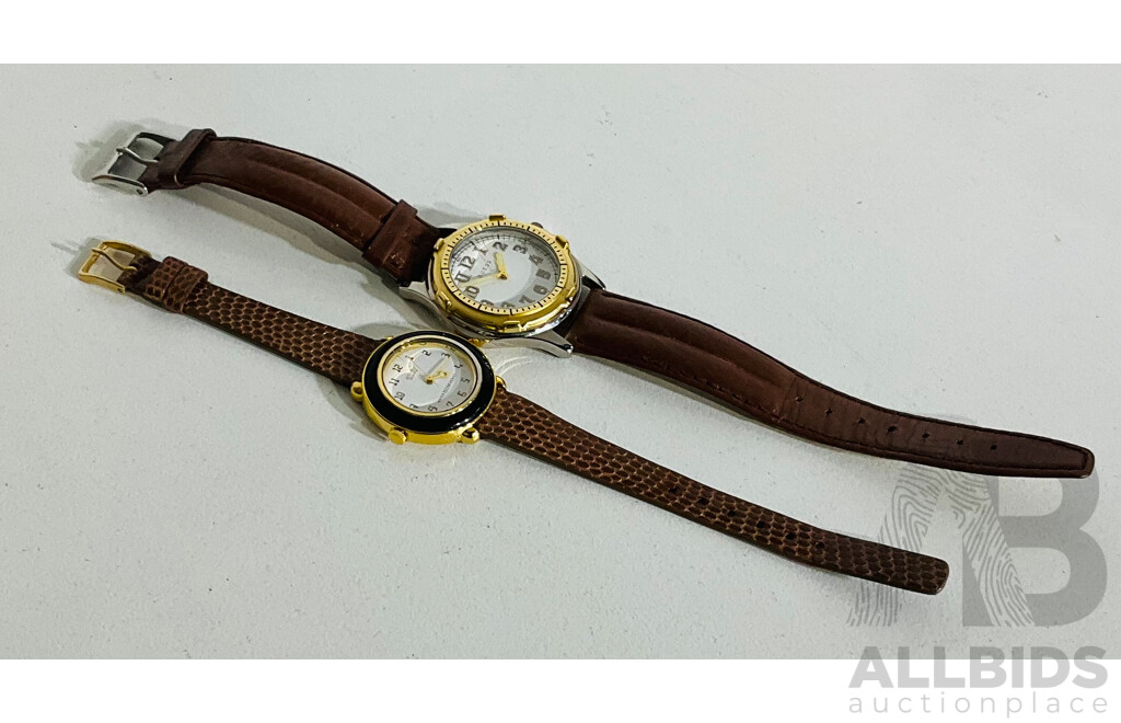 Two Womens's Watches, Bimetallic Guess with Leather Band and Citizen with Lizard Grain Strap, Both Japan Movement