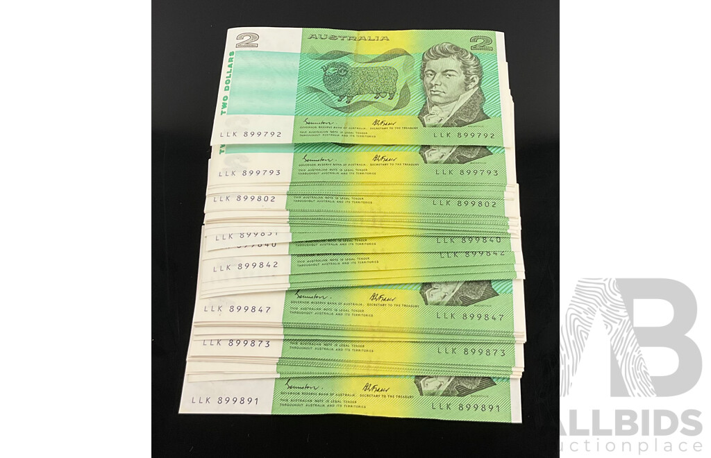 Australian Two Dollar Notes Johnston/Fraser, 100 Total Consecutive LLK 899792 - LLK 899891