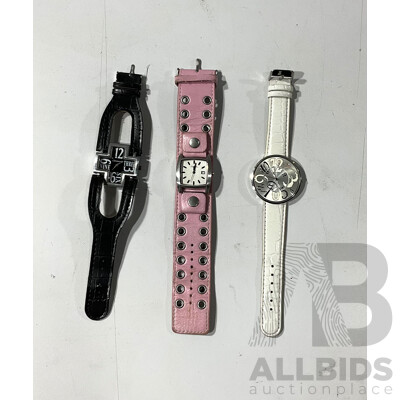 Three Womens's Watches, Fossil with Pink Leather Band and Date Function, Anaii Pink Dance and Chronovski