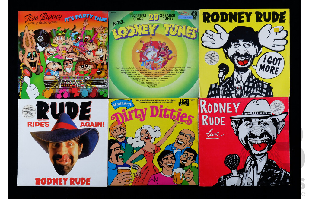 Collection Six Vinyl LP Records Including Jive Bunny, Three Rodney Rude Titles and More