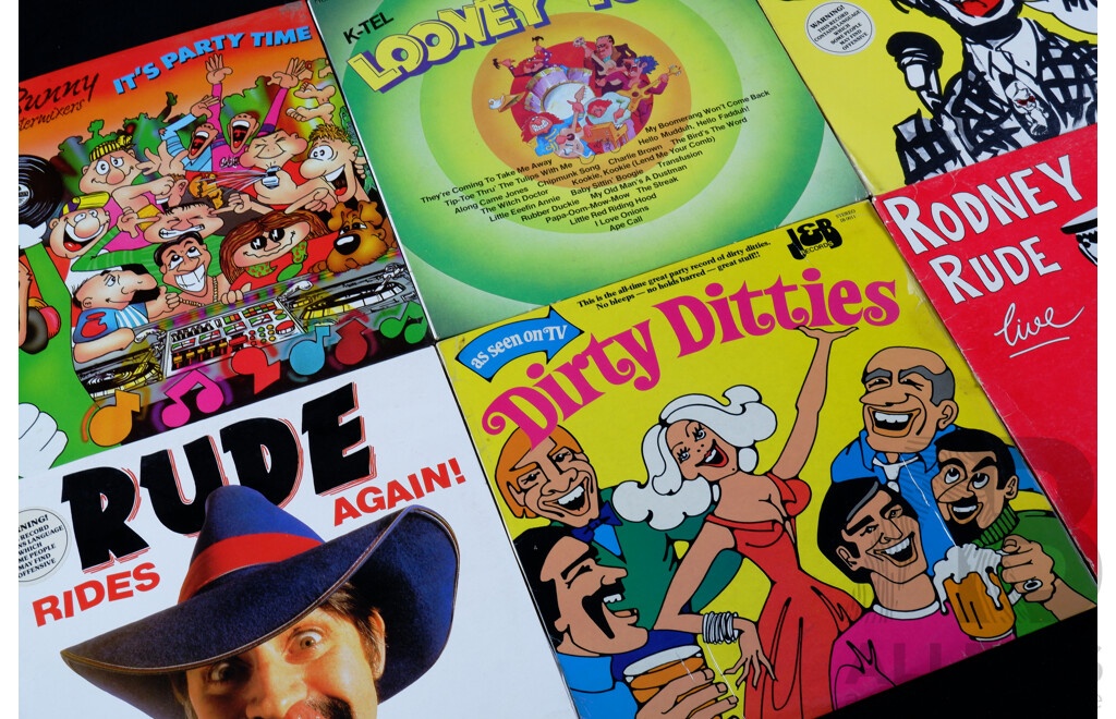 Collection Six Vinyl LP Records Including Jive Bunny, Three Rodney Rude Titles and More