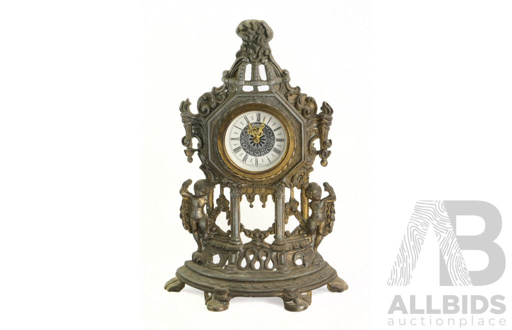 Vintage Cast Metal Cherub Mantle Clock