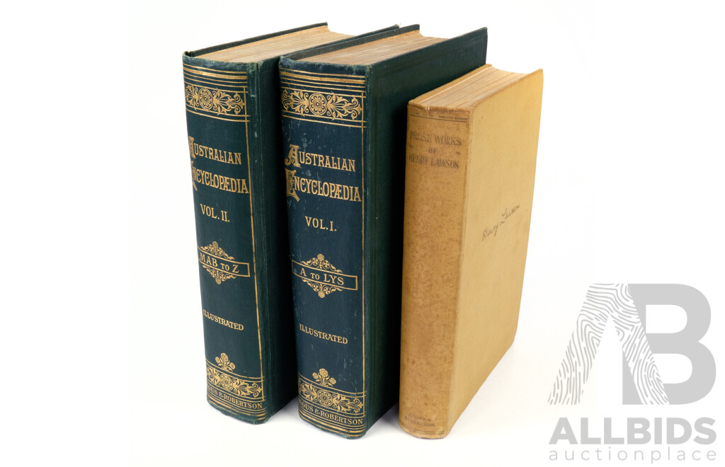 Australian Encyclopedia Illustrated, Volumes 1-2, Angus & Robertson, Sydney, 1925, Both Hardcovers, Along with The Prose Works of Henry Lawson, 1948